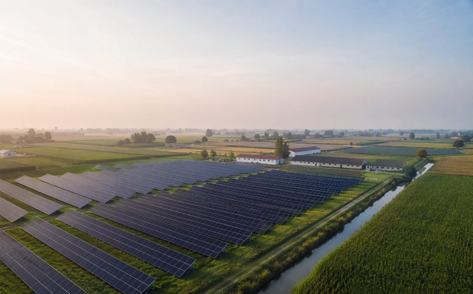 File di pannelli fotovoltaici a terra nella pianura della bassa bergamasca
