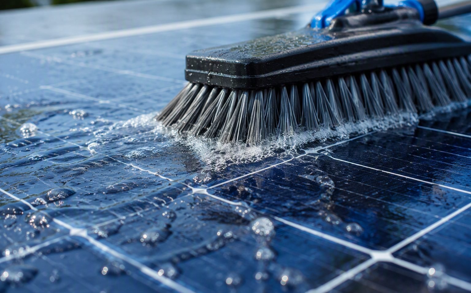 Spazzola morbida con acqua osmotizzata sul vetro di un pannello fotovoltaico in provincia di Bergamo