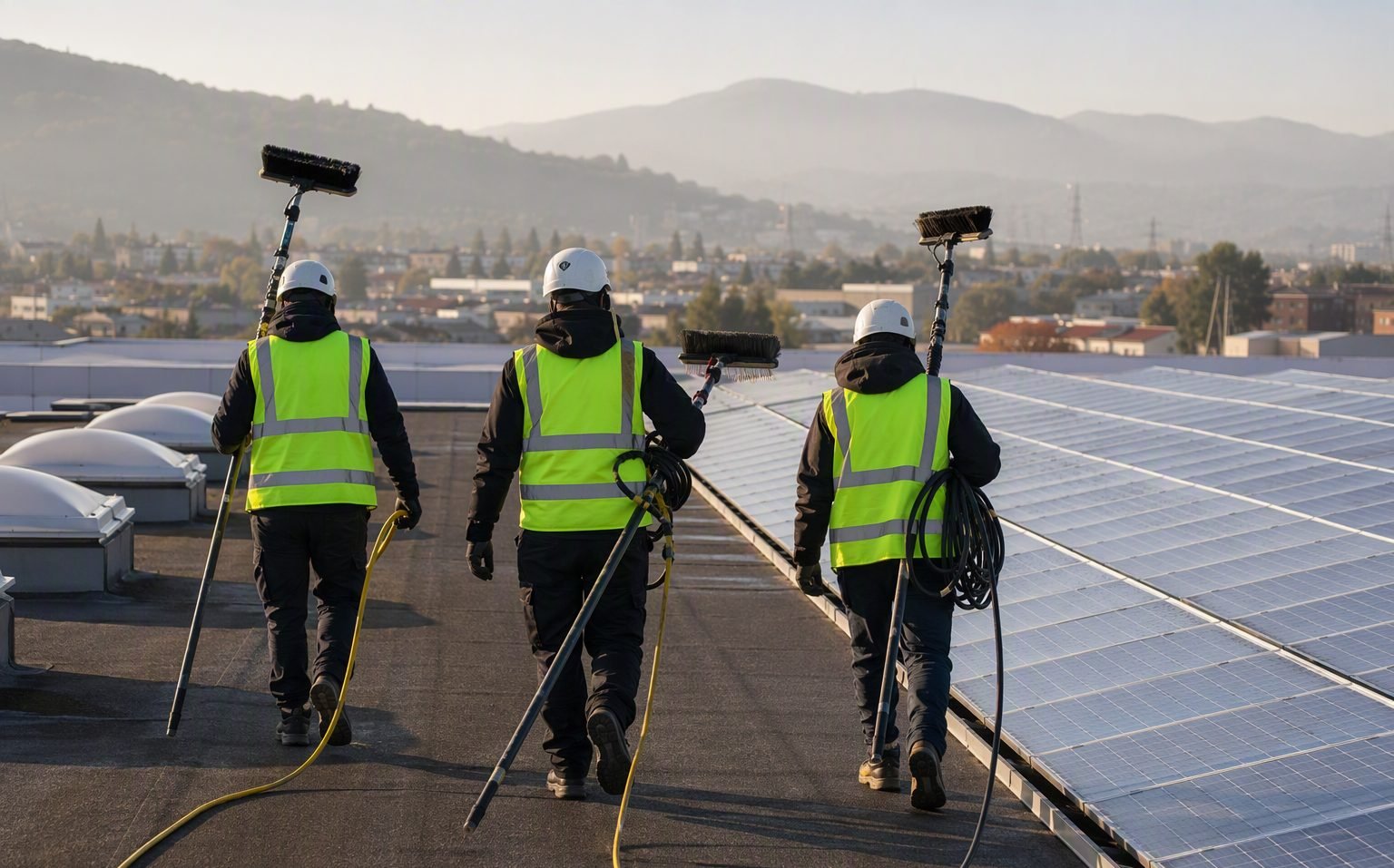 La squadra di lavaggio fotovoltaico al lavoro in provincia di Bergamo